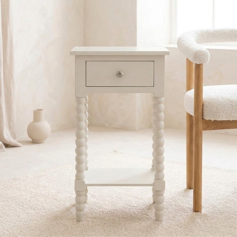 PRITI  Ivory Bobbin Side Table with Drawer