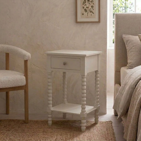 PRITI  Ivory Bobbin Side Table with Drawer
