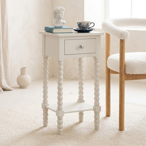 PRITI  Ivory Bobbin Side Table with Drawer