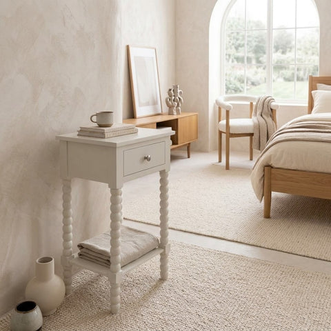 PRITI  Ivory Bobbin Side Table with Drawer