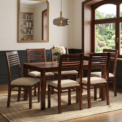PRITI Solid Sheesham Wood 6 Seater Glass Top Dining Table Set with 6 Zella Dining Chairs in Dark Walnut Finish & Cream Boucle Fabric