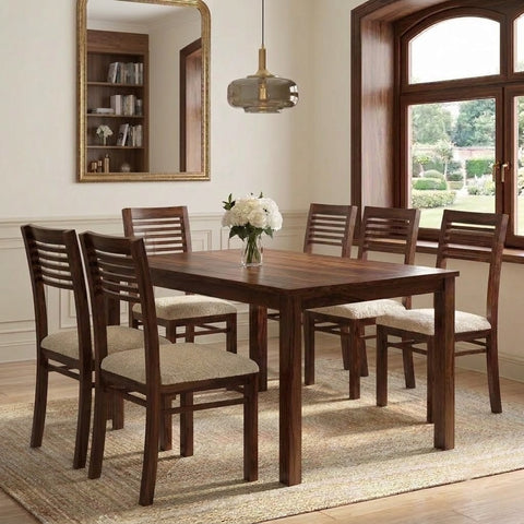 PRITI Solid Sheesham Wood 6 Seater Glass Top Dining Table Set with 6 Zella Dining Chairs in Dark Walnut Finish & Cream Boucle Fabric