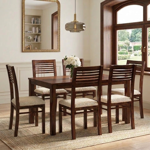 PRITI Solid Sheesham Wood 6 Seater Glass Top Dining Table Set with 6 Zella Dining Chairs in Dark Walnut Finish & Cream Boucle Fabric