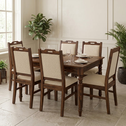 PRITI Indian Compact Solid Sheesham Wood 6 Seater Dining Table Set with 6 Upholstered Cream Boucle Chairs – Dark Walnut Finish
