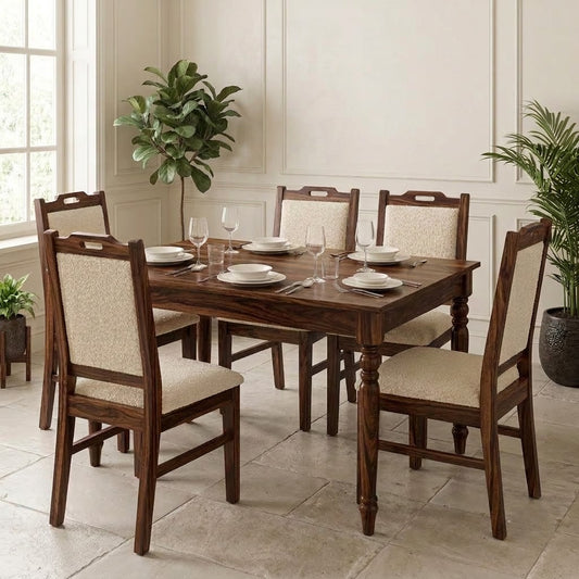 PRITI Indian Compact Solid Sheesham Wood 6 Seater Dining Table Set with 6 Upholstered Cream Boucle Chairs – Dark Walnut Finish