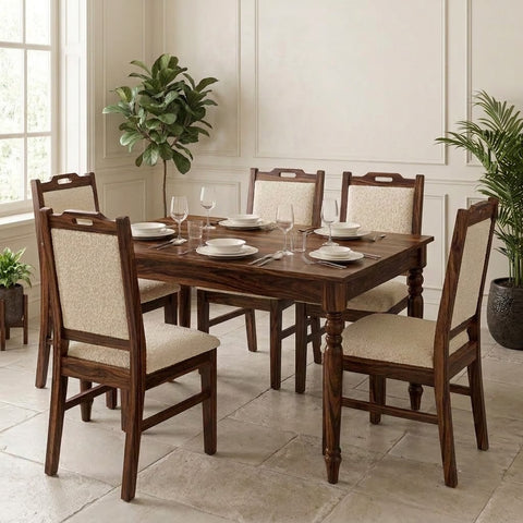 PRITI Indian Compact Solid Sheesham Wood 6 Seater Dining Table Set with 6 Upholstered Cream Boucle Chairs – Dark Walnut Finish