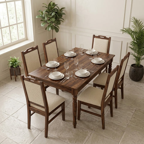 PRITI Indian Compact Solid Sheesham Wood 6 Seater Dining Table Set with 6 Upholstered Cream Boucle Chairs – Dark Walnut Finish