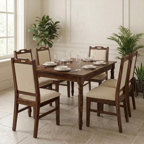 PRITI Indian Compact Solid Sheesham Wood 6 Seater Dining Table Set with 6 Upholstered Cream Boucle Chairs – Dark Walnut Finish