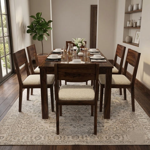 PRITI Solid Sheesham Wood 6 Seater Dining Table Set with 6 Kerry Chairs in Dark Walnut Sheesham Finish & Cream Boucle Upholstery