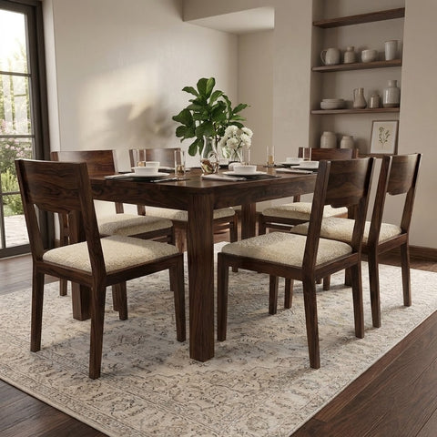 PRITI Solid Sheesham Wood 6 Seater Dining Table Set with 6 Kerry Chairs in Dark Walnut Sheesham Finish & Cream Boucle Upholstery