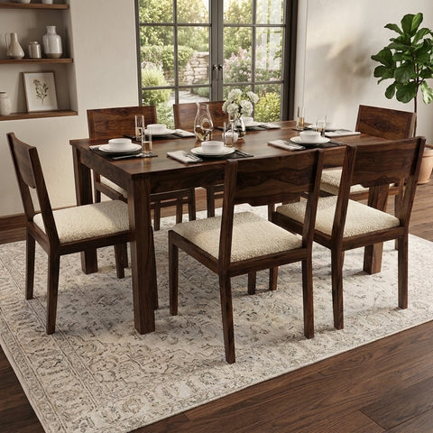 PRITI Solid Sheesham Wood 6 Seater Dining Table Set with 6 Kerry Chairs in Dark Walnut Sheesham Finish & Cream Boucle Upholstery