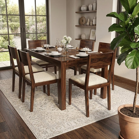 PRITI Solid Sheesham Wood 6 Seater Dining Table Set with 6 Kerry Chairs in Dark Walnut Sheesham Finish & Cream Boucle Upholstery