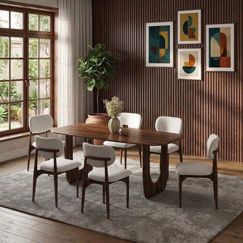 PRITI Solid Sheesham Wood 6 Seater Dining Table Set with 6 Ollie Dining Chairs in Dark Walnut Sheesham Finish & White Morphino Cloth Upholstery