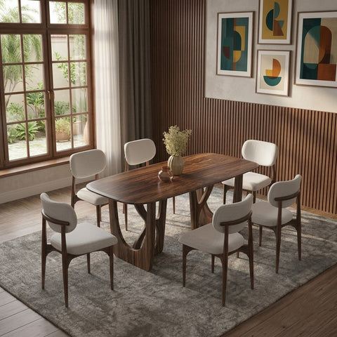PRITI Solid Sheesham Wood 6 Seater Dining Table Set with 6 Ollie Dining Chairs in Dark Walnut Sheesham Finish & White Morphino Cloth Upholstery