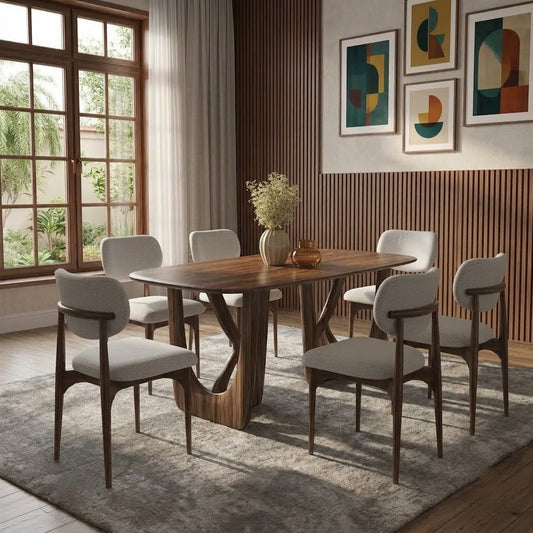 PRITI Solid Sheesham Wood 6 Seater Dining Table Set with 6 Ollie Dining Chairs in Dark Walnut Sheesham Finish & White Morphino Cloth Upholstery