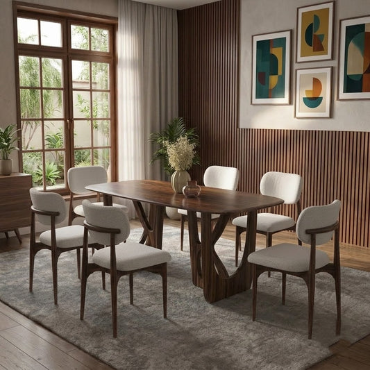 PRITI Solid Sheesham Wood 6 Seater Dining Table Set with 6 Ollie Dining Chairs in Dark Walnut Sheesham Finish & White Morphino Cloth Upholstery