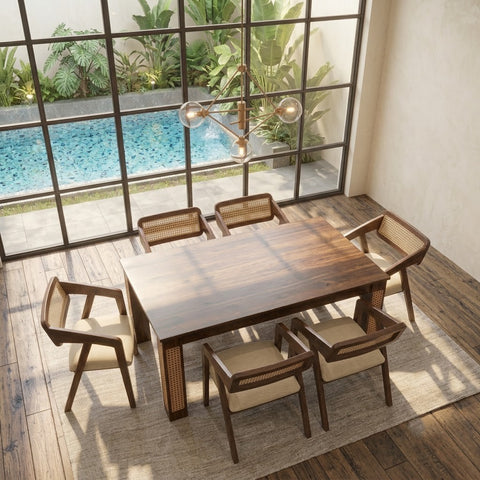 PRITI Indian Sheesham Wood 6-Seater Dining Table Set with 6 Cushioned Cane Armchairs in Dark Walnut Finish & White Morfino Fabric