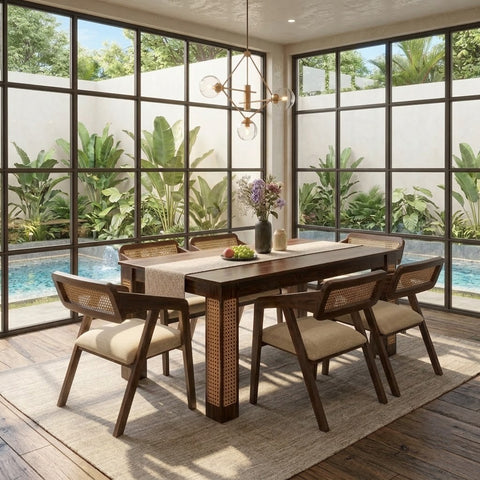 PRITI Indian Sheesham Wood 6-Seater Dining Table Set with 6 Cushioned Cane Armchairs in Dark Walnut Finish & White Morfino Fabric
