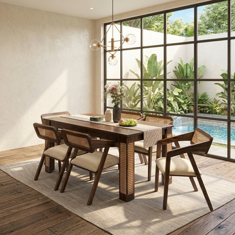 PRITI Indian Sheesham Wood 6-Seater Dining Table Set with 6 Cushioned Cane Armchairs in Dark Walnut Finish & White Morfino Fabric