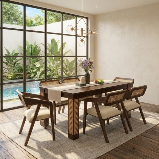 PRITI Indian Sheesham Wood 6-Seater Dining Table Set with 6 Cushioned Cane Armchairs in Dark Walnut Finish & White Morfino Fabric