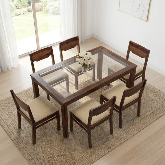 PRITI 6 Seater Dining Table Glass Top With 6 Kerry Dining Chairs