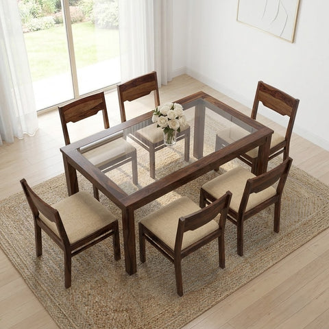 PRITI 6 Seater Dining Table Glass Top With 6 Kerry Dining Chairs