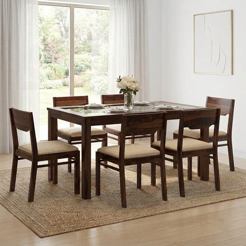 PRITI 6 Seater Dining Table Glass Top With 6 Kerry Dining Chairs
