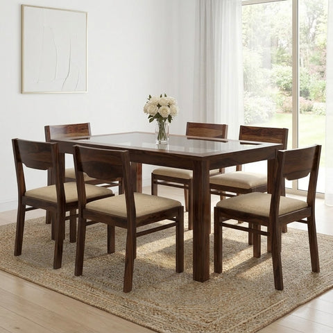 PRITI 6 Seater Dining Table Glass Top With 6 Kerry Dining Chairs