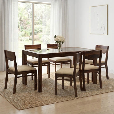PRITI 6 Seater Dining Table Glass Top With 6 Kerry Dining Chairs