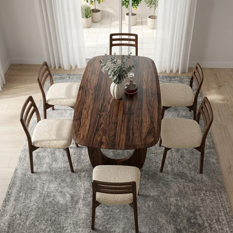 PRITI Solid Sheesham Wood 6 Seater Dining Table Set with 6 Dane Dining Chairs (Dark Walnut Sheesham Finish, Cream Boucle Upholstery)