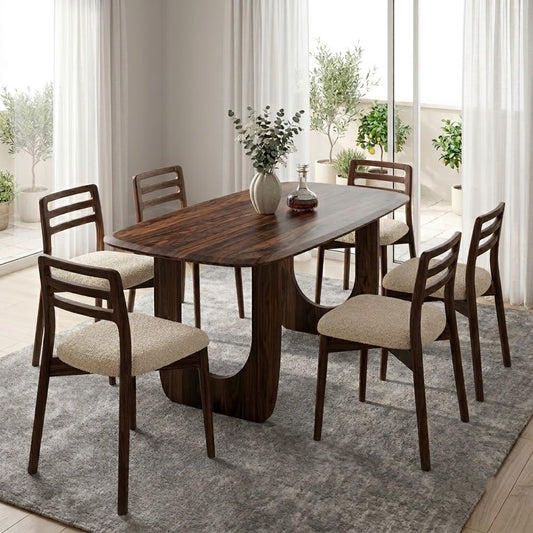 PRITI Solid Sheesham Wood 6 Seater Dining Table Set with 6 Dane Dining Chairs (Dark Walnut Sheesham Finish, Cream Boucle Upholstery)