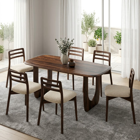PRITI Solid Sheesham Wood 6 Seater Dining Table Set with 6 Dane Dining Chairs (Dark Walnut Sheesham Finish, Cream Boucle Upholstery)