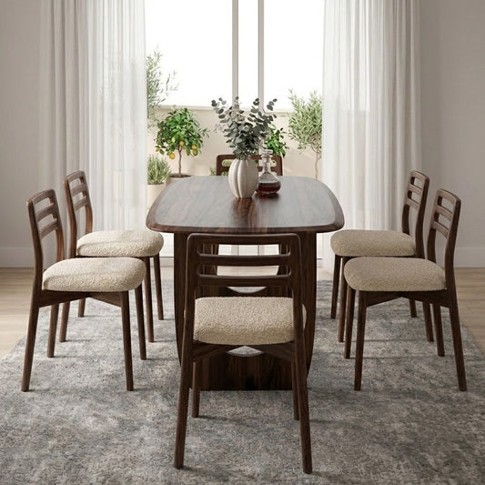 PRITI Solid Sheesham Wood 6 Seater Dining Table Set with 6 Dane Dining Chairs (Dark Walnut Sheesham Finish, Cream Boucle Upholstery)