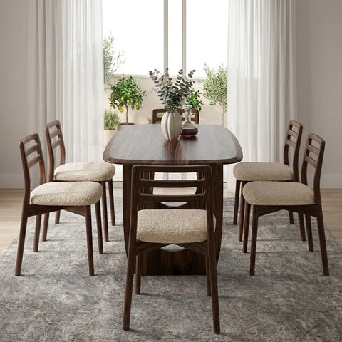 PRITI Solid Sheesham Wood 6 Seater Dining Table Set with 6 Dane Dining Chairs (Dark Walnut Sheesham Finish, Cream Boucle Upholstery)