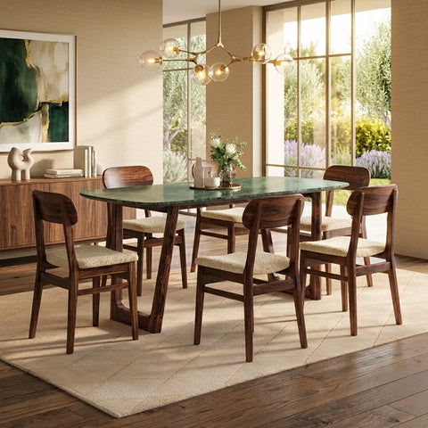 PRITI Solid Sheesham Wood 6 Seater Dining Table Set with 6 Lunar Dining Chairs (Dark Walnut Sheesham Finish, Crème Morphino Upholstery)