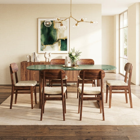PRITI Solid Sheesham Wood 6 Seater Dining Table Set with 6 Lunar Dining Chairs (Dark Walnut Sheesham Finish, Crème Morphino Upholstery)