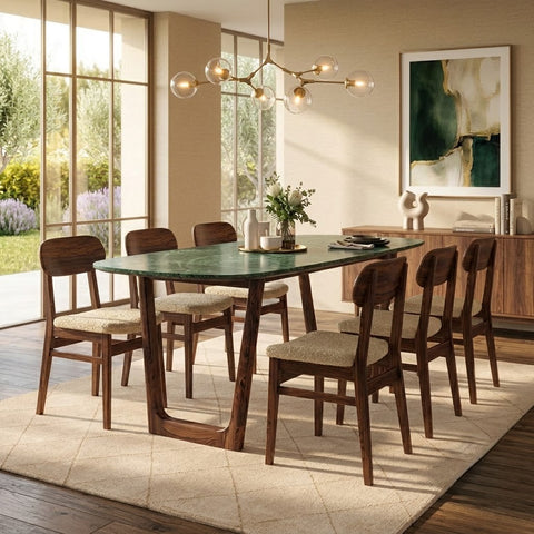 PRITI Solid Sheesham Wood 6 Seater Dining Table Set with 6 Lunar Dining Chairs (Dark Walnut Sheesham Finish, Crème Morphino Upholstery)