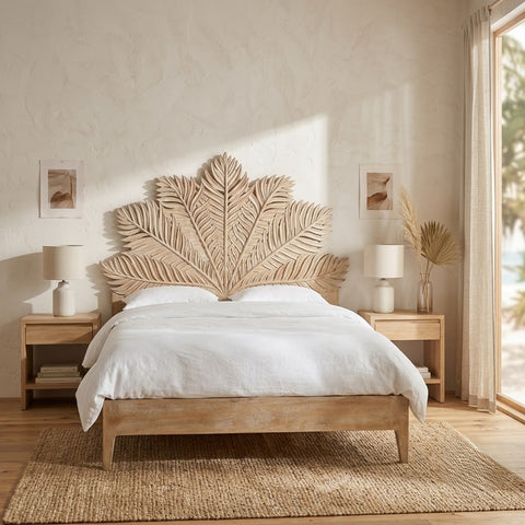 PRITI Handcarved Wooden Bed in Solid Mango Wood Without Storage- Wooden Slice