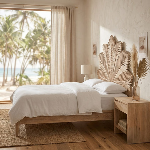 PRITI Handcarved Wooden Bed in Solid Mango Wood Without Storage- Wooden Slice
