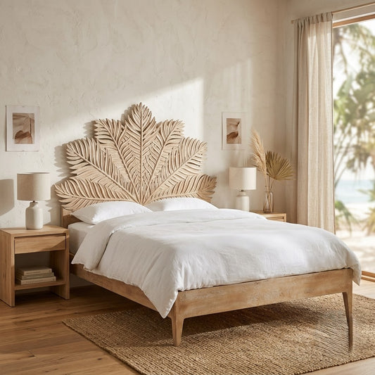 PRITI Handcarved Wooden Bed in Solid Mango Wood Without Storage- Wooden Slice