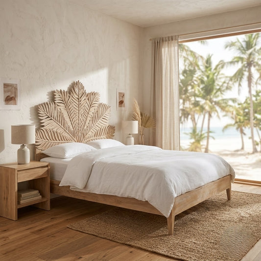 PRITI Handcarved Wooden Bed in Solid Mango Wood Without Storage- Wooden Slice
