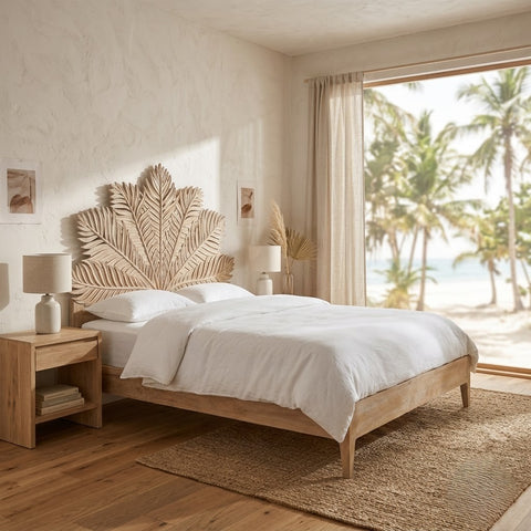 PRITI Handcarved Wooden Bed in Solid Mango Wood Without Storage- Wooden Slice
