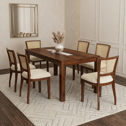 PRITI Solid Sheesham Wood 6 Seater Dining Table Set with 6 Reed Dining Chairs (Dark Walnut Sheesham Finish, Cream Boucle Upholstery)
