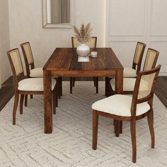 PRITI Solid Sheesham Wood 6 Seater Dining Table Set with 6 Reed Dining Chairs (Dark Walnut Sheesham Finish, Cream Boucle Upholstery)