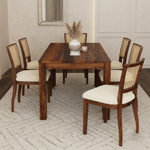 PRITI Solid Sheesham Wood 6 Seater Dining Table Set with 6 Reed Dining Chairs (Dark Walnut Sheesham Finish, Cream Boucle Upholstery)