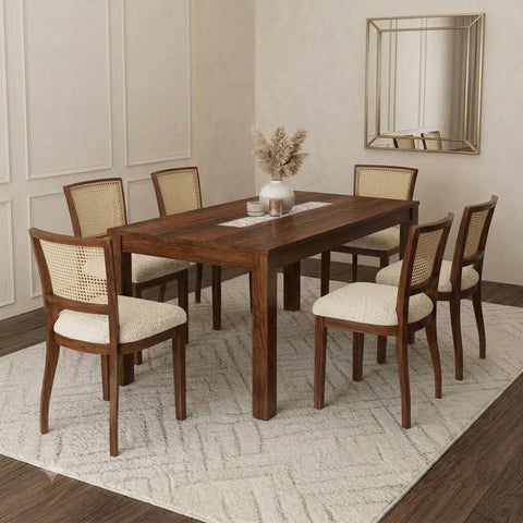 PRITI Solid Sheesham Wood 6 Seater Dining Table Set with 6 Reed Dining Chairs (Dark Walnut Sheesham Finish, Cream Boucle Upholstery)