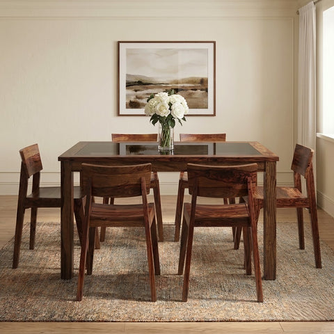 PRITI 6-Seater Glass Top Dining Table Set with 6 Gordon Chairs (Finish: Dark Walnut Sheesham, Chair Colour: Dark Walnut)