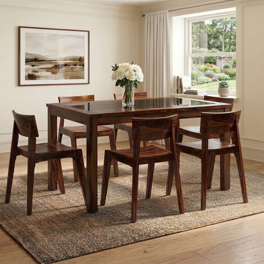 PRITI 6-Seater Glass Top Dining Table Set with 6 Gordon Chairs (Finish: Dark Walnut Sheesham, Chair Colour: Dark Walnut)