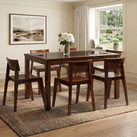 PRITI 6-Seater Glass Top Dining Table Set with 6 Gordon Chairs (Finish: Dark Walnut Sheesham, Chair Colour: Dark Walnut)