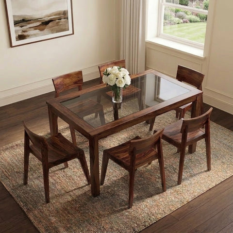 PRITI 6-Seater Glass Top Dining Table Set with 6 Gordon Chairs (Finish: Dark Walnut Sheesham, Chair Colour: Dark Walnut)